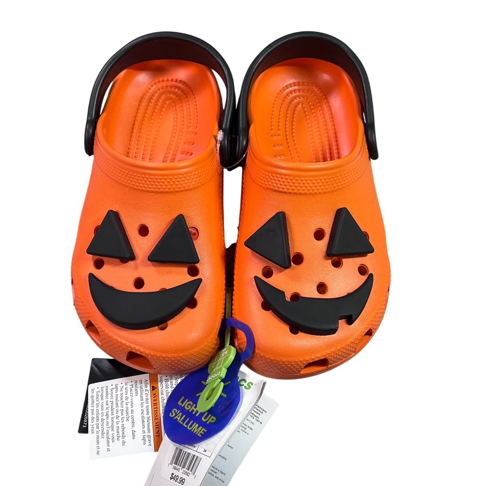 Crocs Kids Halloween Jack-O-Lantern Clogs Orange Glow In The Dark Light up J3